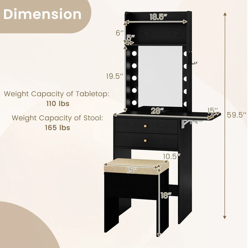 Compact Vanity Desk Set with 3-Color Lighted Mirror and Power Outlets by DirectDeals