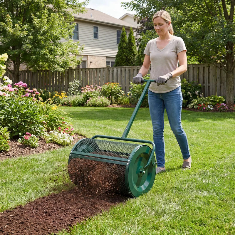 Compost Spreader 24 Inch Peat Moss Spreader Roller with Height-adjustable T-shape Handle by DirectDeals