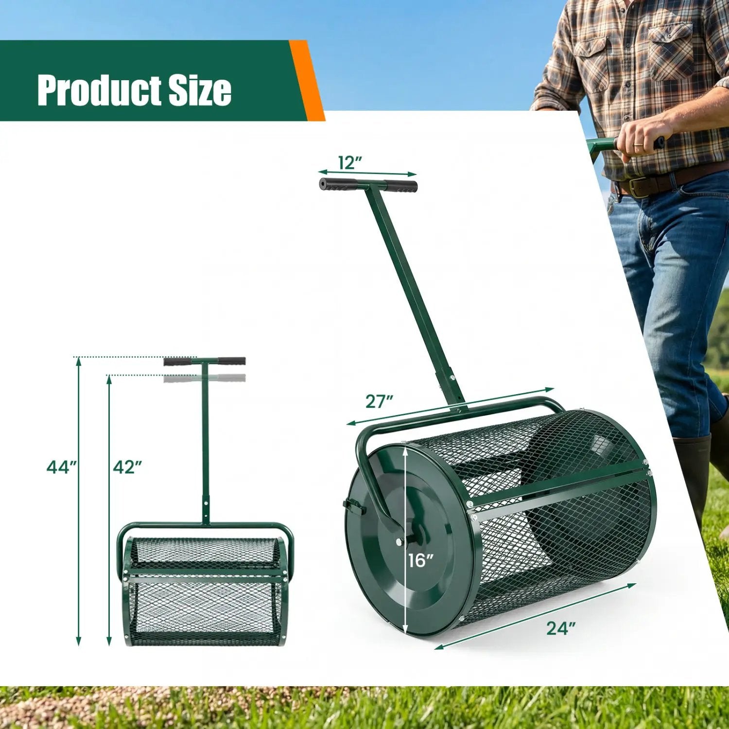 Compost Spreader 24 Inch Peat Moss Spreader Roller with Height-adjustable T-shape Handle by DirectDeals