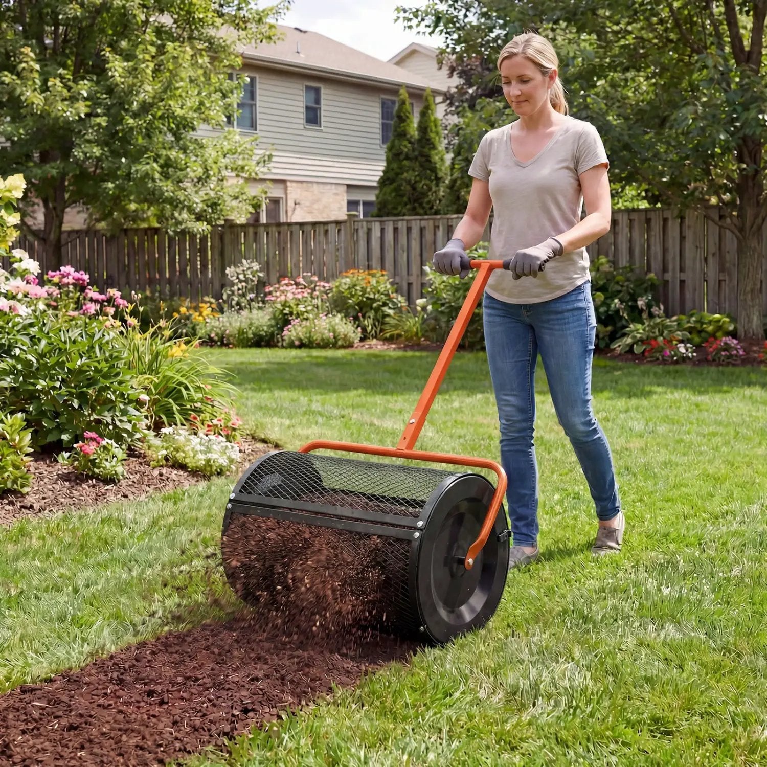 Compost Spreader 24 Inch Peat Moss Spreader Roller with Height-adjustable T-shape Handle by DirectDeals