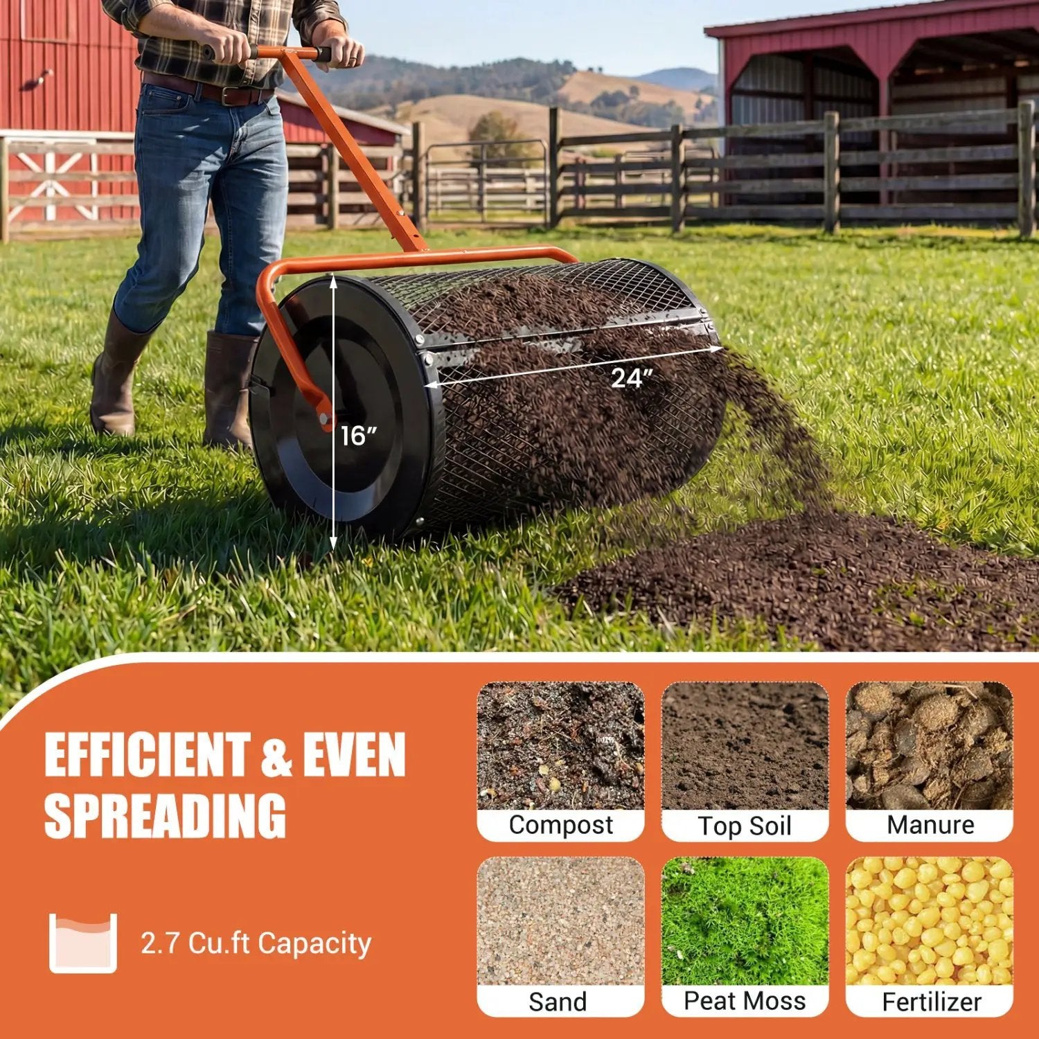 Compost Spreader 24 Inch Peat Moss Spreader Roller with Height-adjustable T-shape Handle by DirectDeals