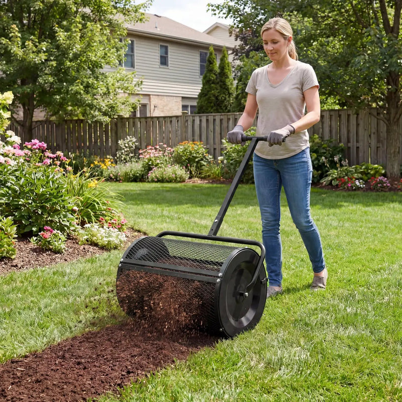 Compost Spreader 24 Inch Peat Moss Spreader Roller with Height-adjustable T-shape Handle by DirectDeals