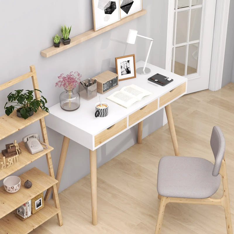 Computer Desk with 3 Drawers and Solid Rubber Wood Legs for Home Office by DirectDeals