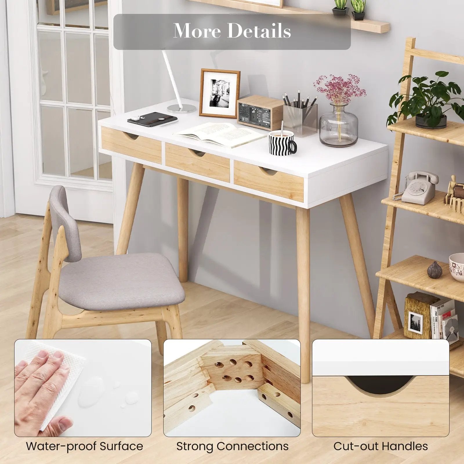 Computer Desk with 3 Drawers and Solid Rubber Wood Legs for Home Office by DirectDeals