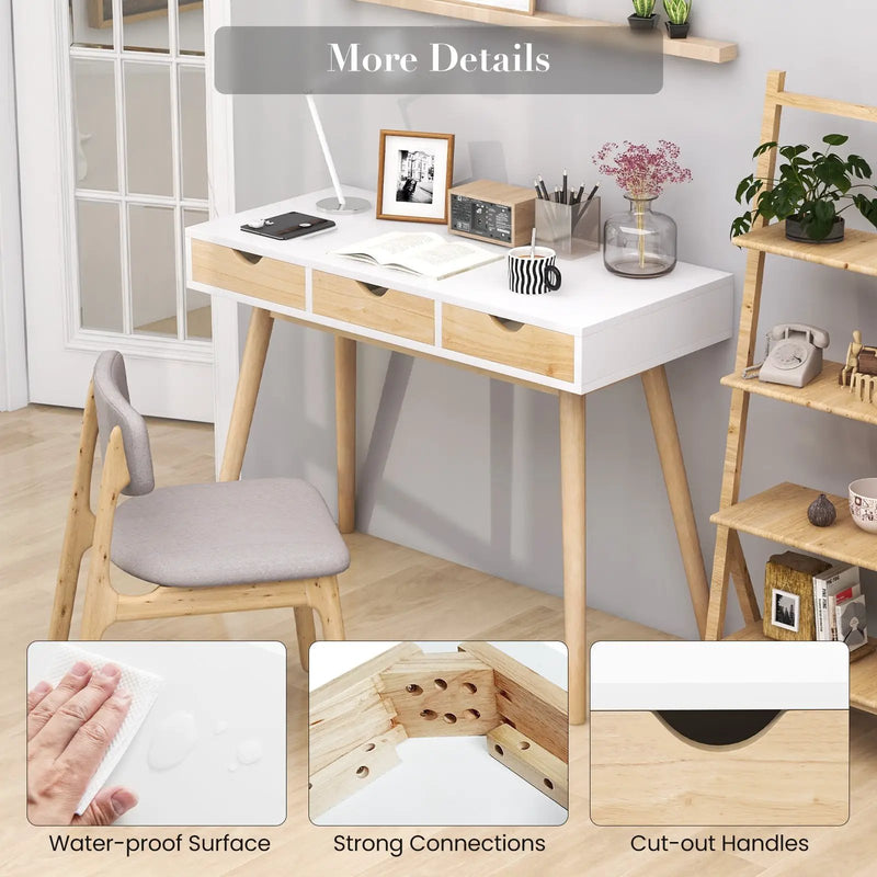 Computer Desk with 3 Drawers and Solid Rubber Wood Legs for Home Office by DirectDeals