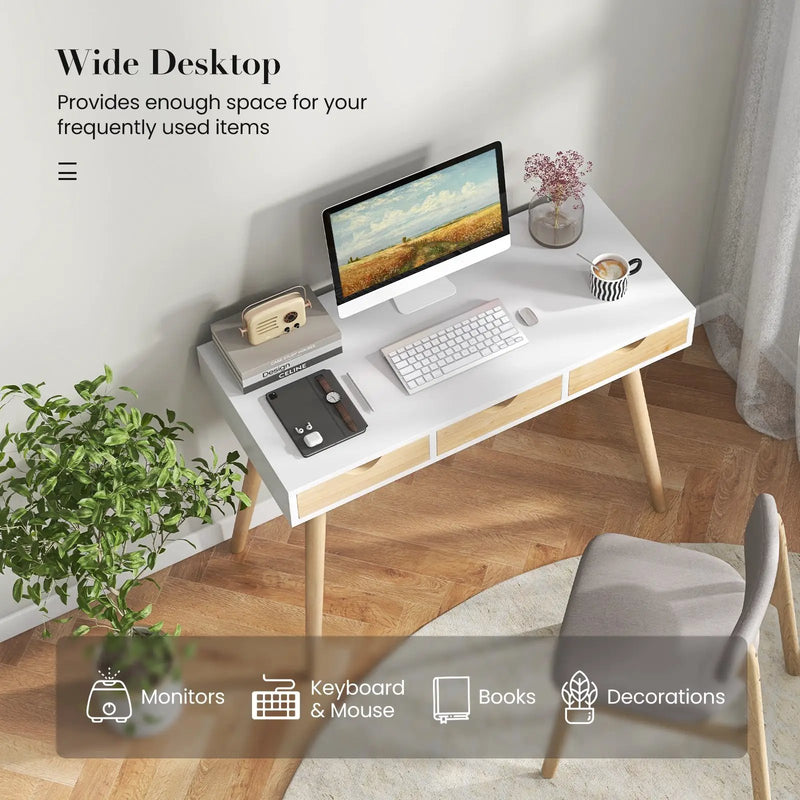 Computer Desk with 3 Drawers and Solid Rubber Wood Legs for Home Office by DirectDeals