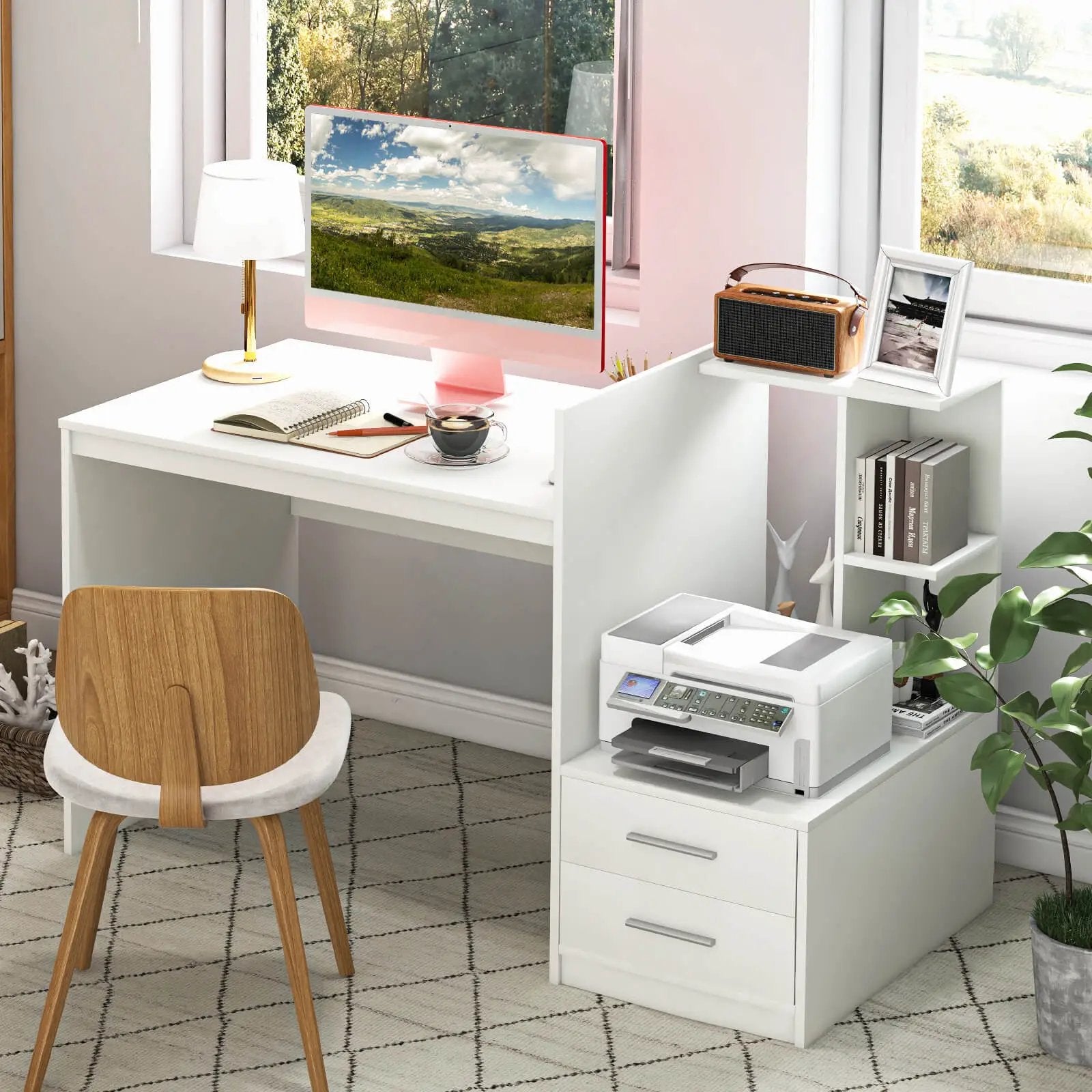 Computer Desk Home Office with Bookshelf and Drawers-White by DirectDeals