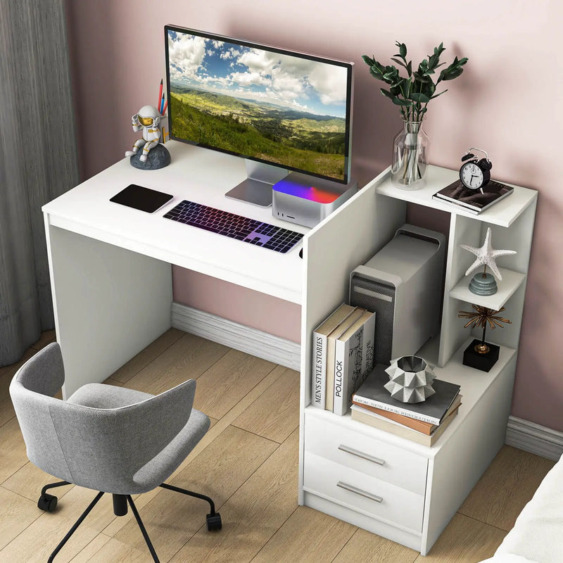 Computer Desk Home Office with Bookshelf and Drawers-White by DirectDeals