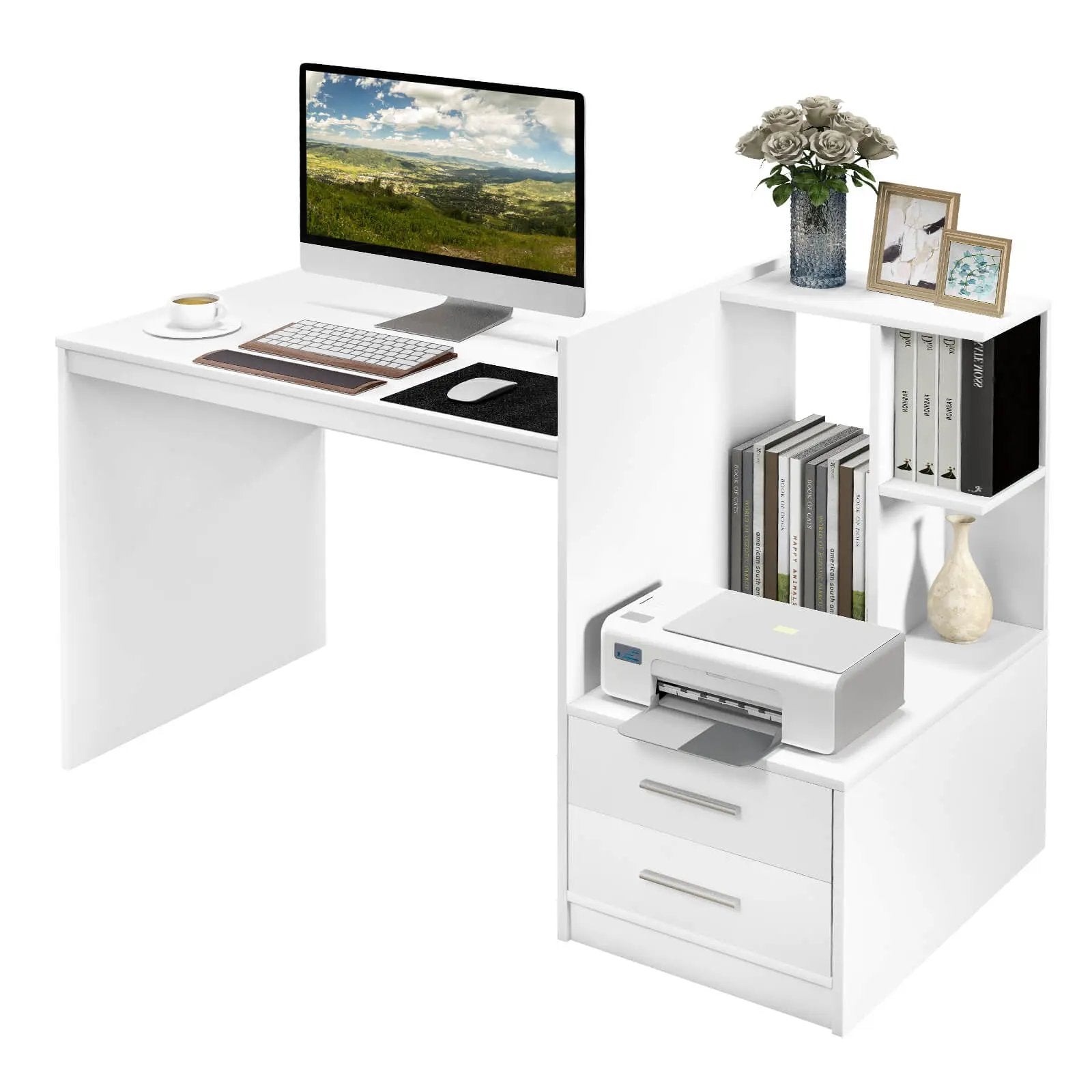 Computer Desk Home Office with Bookshelf and Drawers-White by DirectDeals