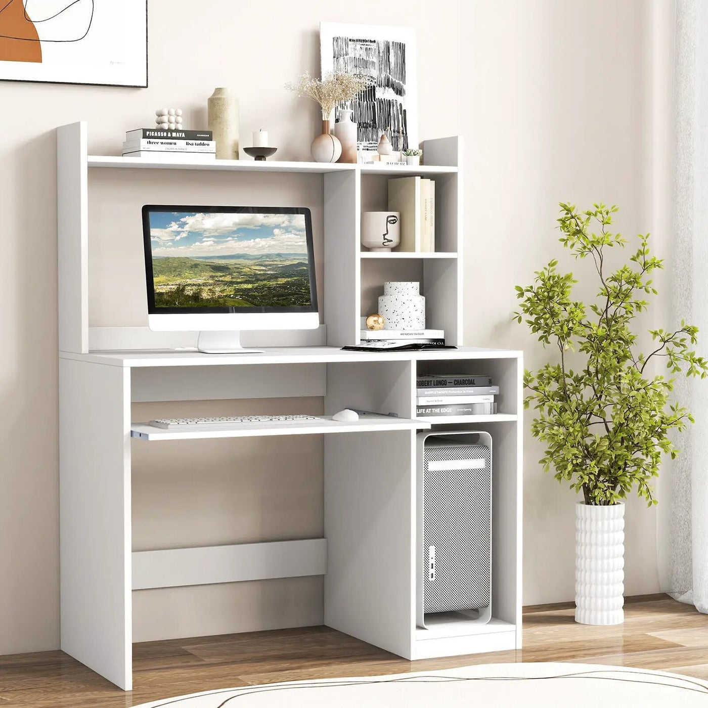 Home Office Computer Desk with Bookcase Keyboard Tray and CPU Stand by DirectDeals