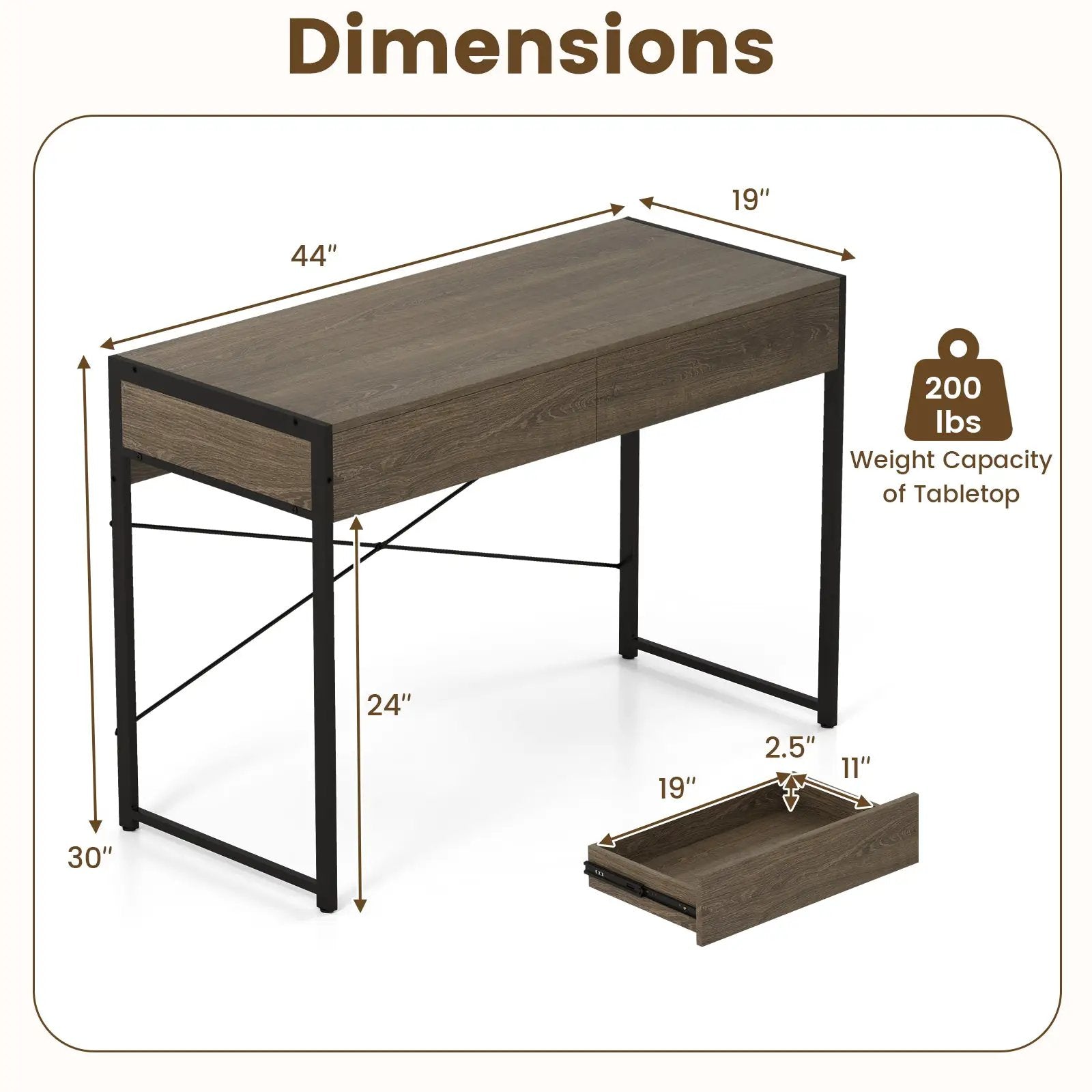 Computer Desk with 2 Drawers 44 Inch Home Office Desk with Metal Frame-Oak by DirectDeals