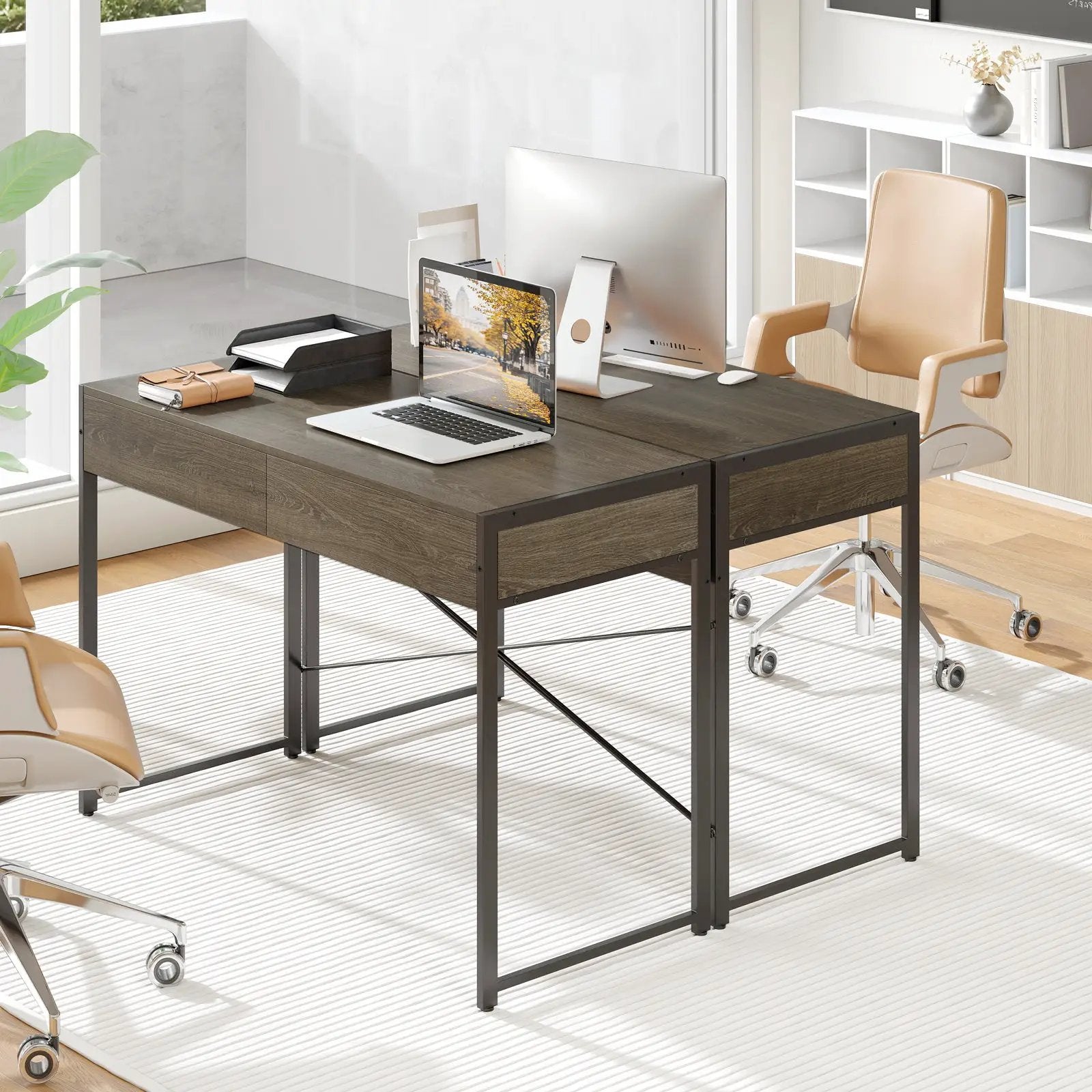 Computer Desk with 2 Drawers 44 Inch Home Office Desk with Metal Frame-Oak by DirectDeals