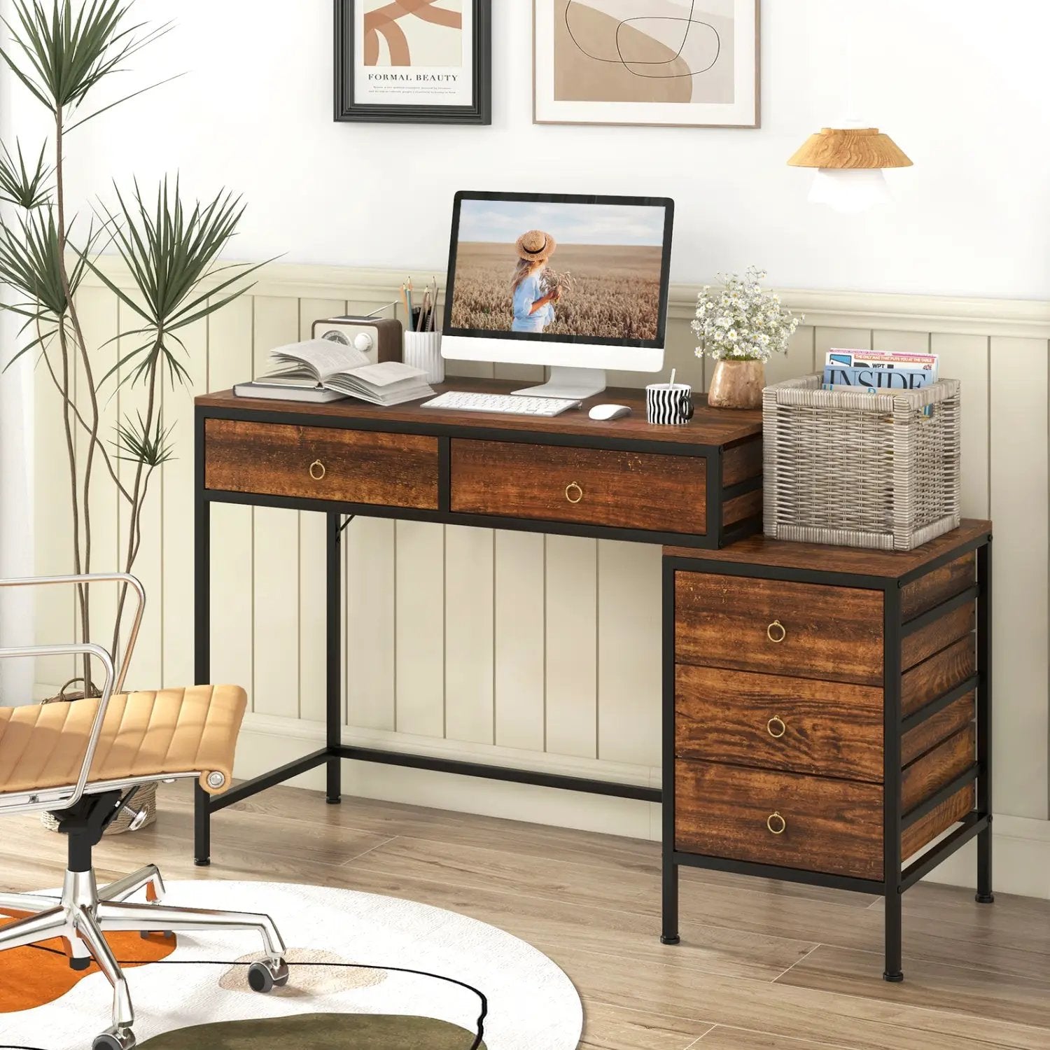 Computer Desk with 5 Drawers Home Office Desk with Side File Cabinet by DirectDeals