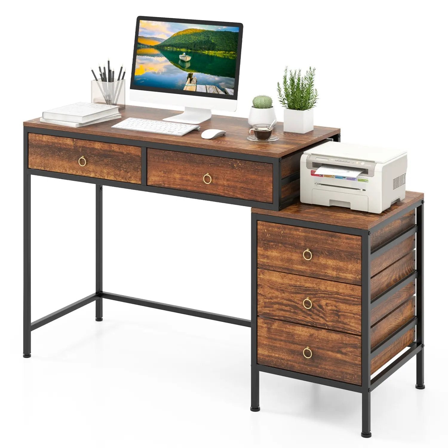 Computer Desk with 5 Drawers Home Office Desk with Side File Cabinet by DirectDeals