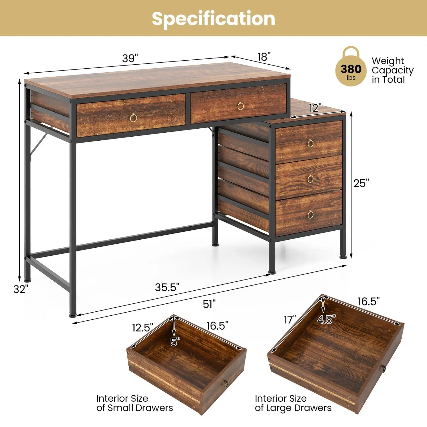 Computer Desk with 5 Drawers Home Office Desk with Side File Cabinet by DirectDeals