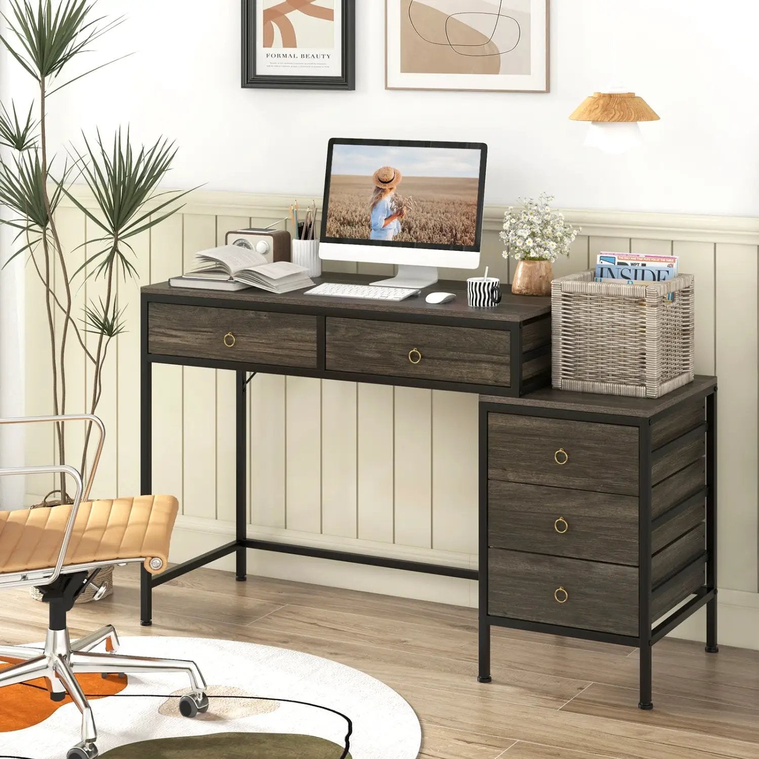 Computer Desk with 5 Drawers Home Office Desk with Side File Cabinet by DirectDeals