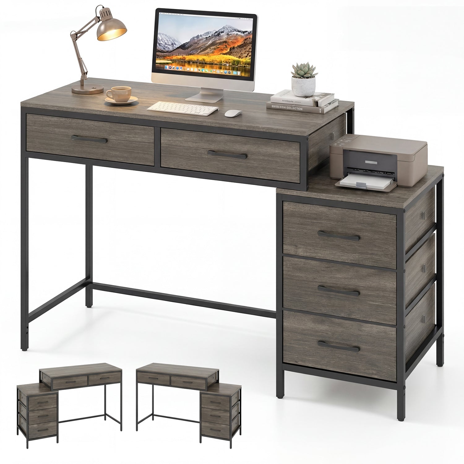 Computer Desk with 5 Drawers and Printer Stand for Bedroom and Small Spaces by DirectDeals