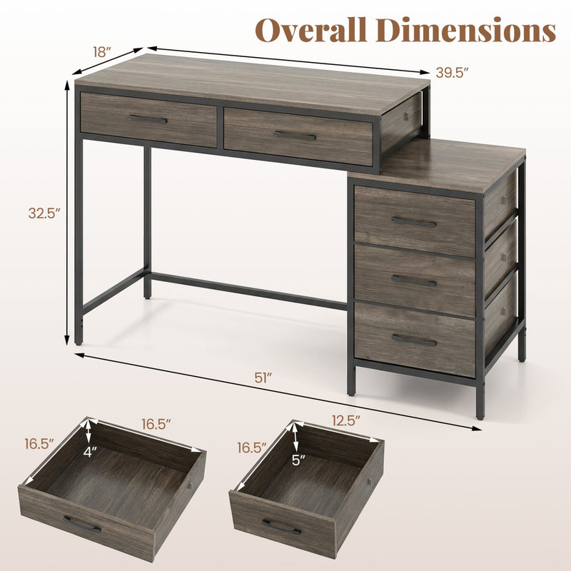 Computer Desk with 5 Drawers and Printer Stand for Bedroom and Small Spaces by DirectDeals