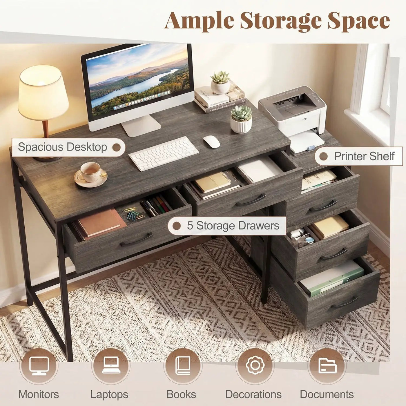 Computer Desk with 5 Drawers and Printer Stand for Bedroom and Small Spaces by DirectDeals