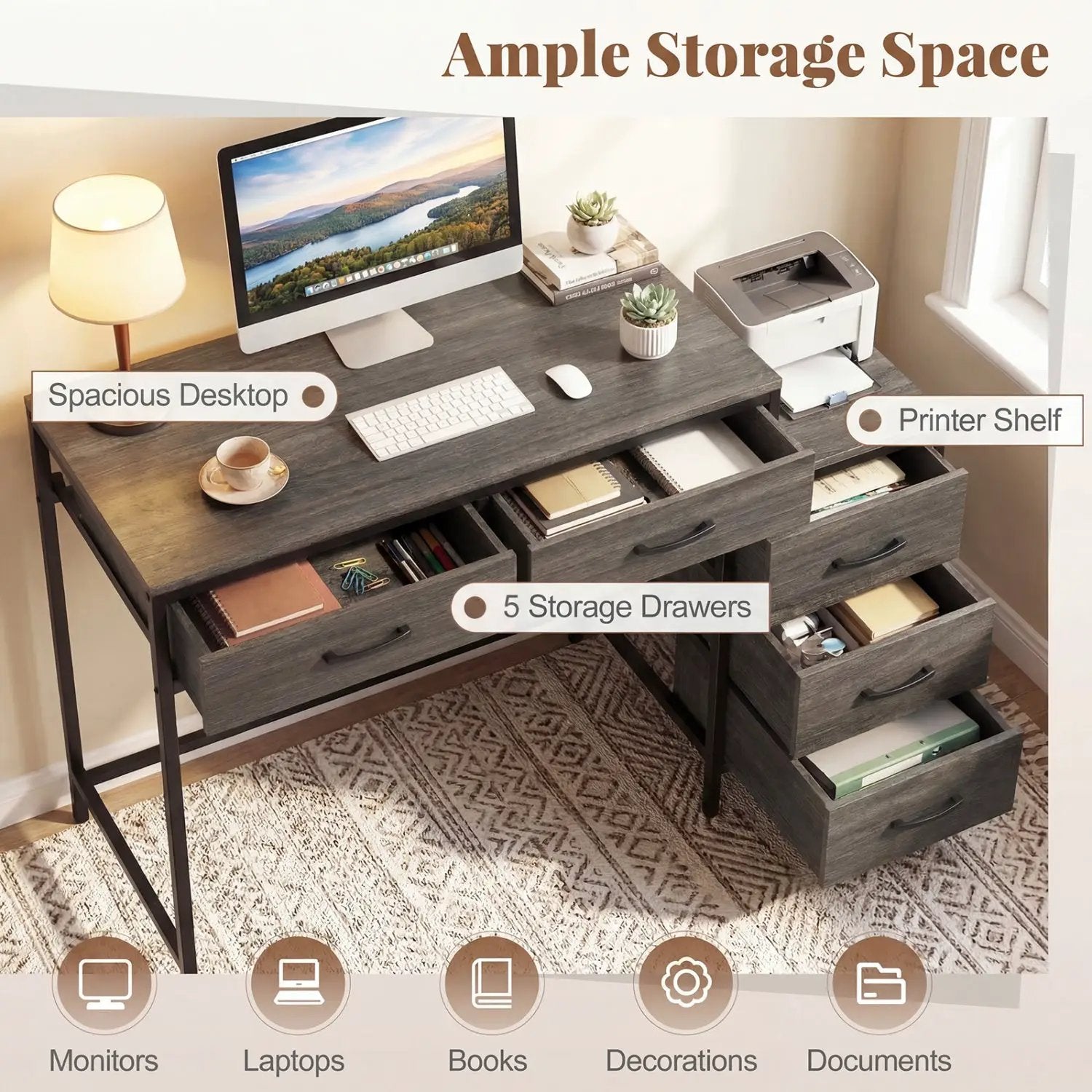 Computer Desk with 5 Drawers and Printer Stand for Bedroom and Small Spaces by DirectDeals
