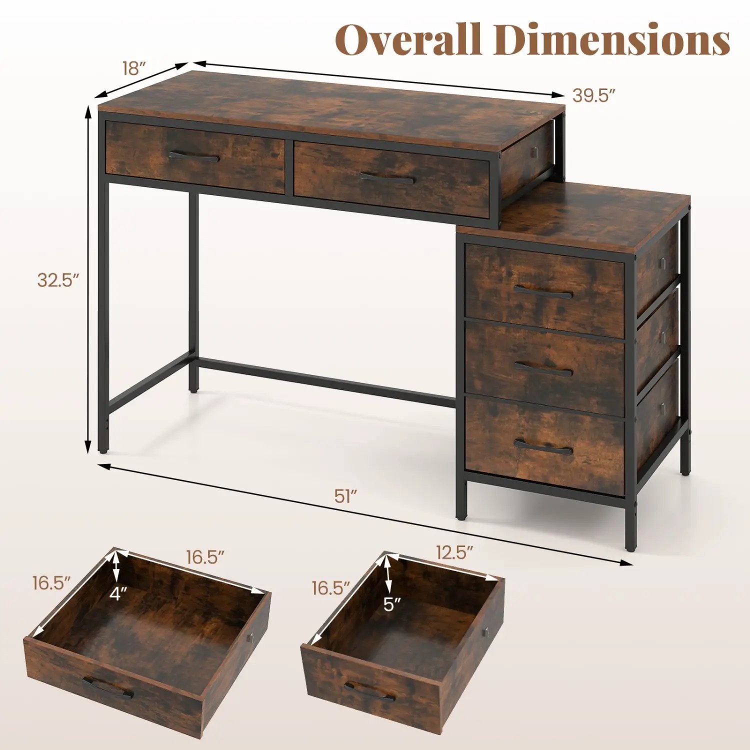 Computer Desk with 5 Drawers and Printer Stand for Bedroom and Small Spaces by DirectDeals