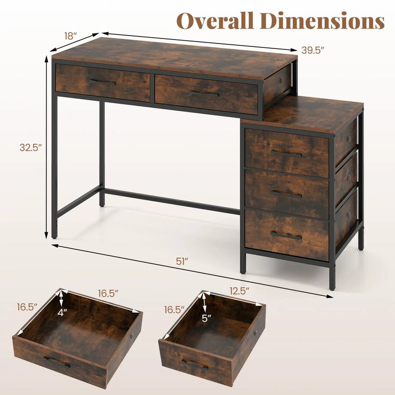 Computer Desk with 5 Drawers and Printer Stand for Bedroom and Small Spaces by DirectDeals
