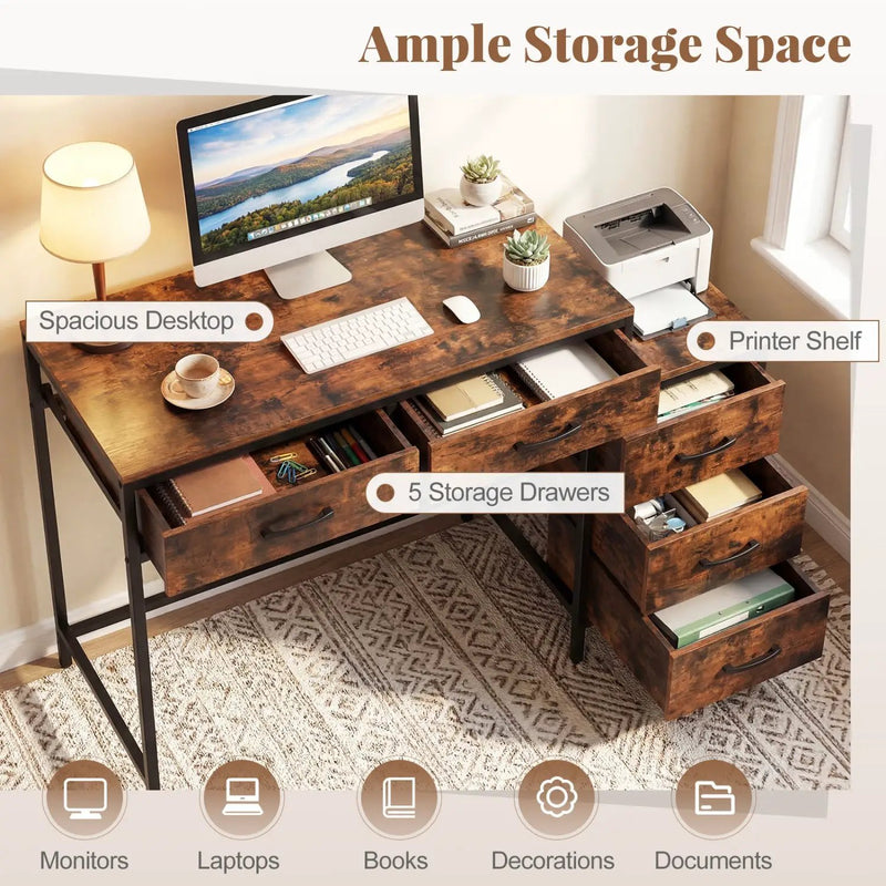 Computer Desk with 5 Drawers and Printer Stand for Bedroom and Small Spaces by DirectDeals