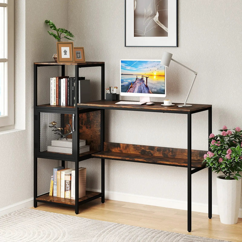 Computer Desk with Bookshelf Home Office Desk with Storage Cabinet and Shelves-Rustic Brown by DirectDeals