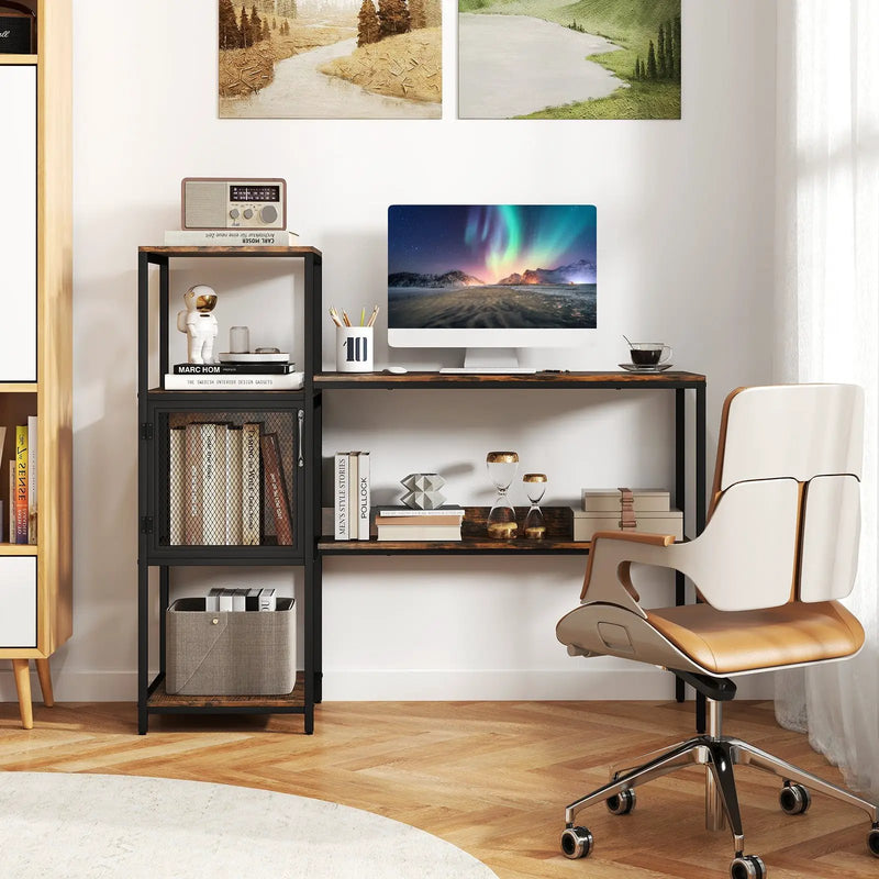 Computer Desk with Bookshelf Home Office Desk with Storage Cabinet and Shelves-Rustic Brown by DirectDeals