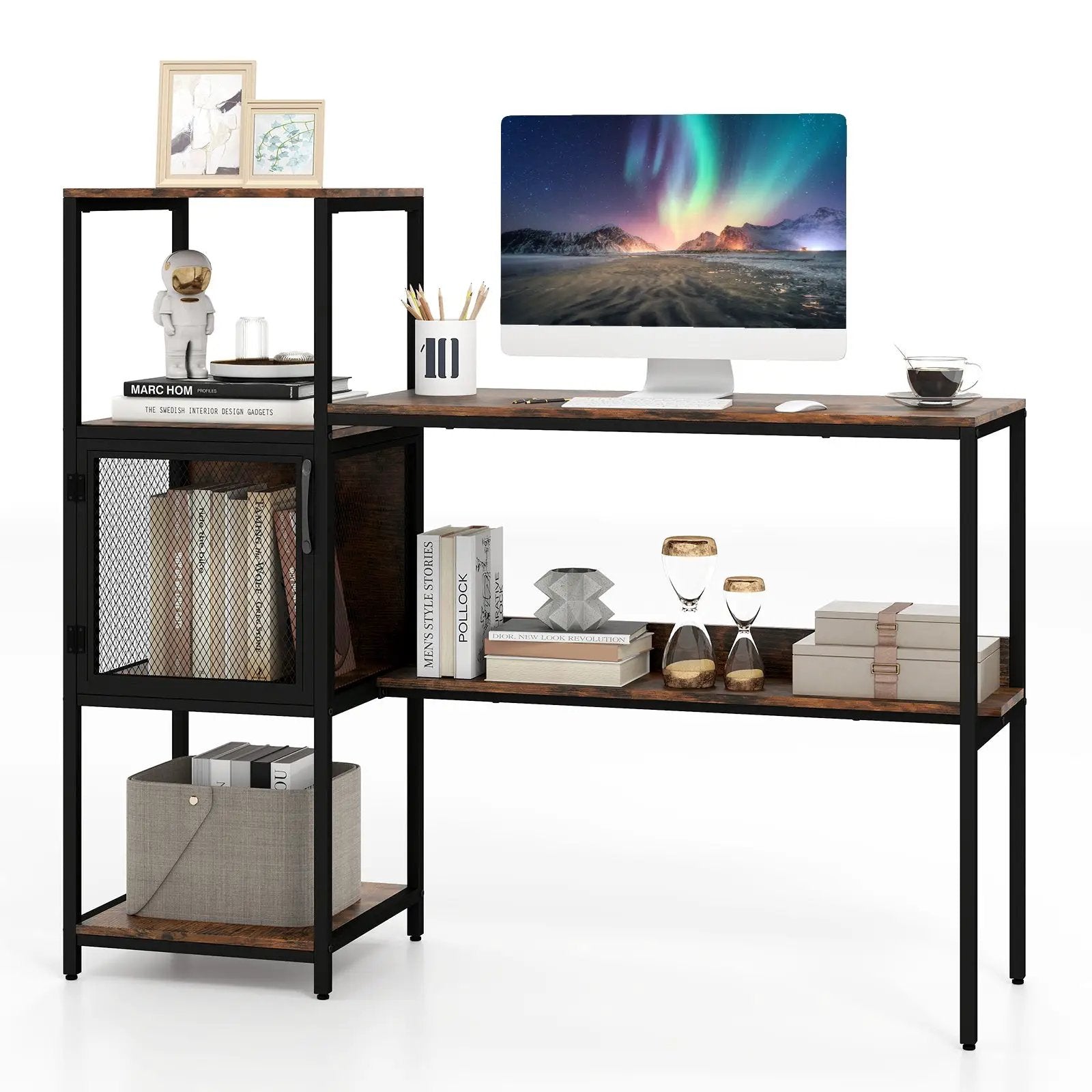 Computer Desk with Bookshelf Home Office Desk with Storage Cabinet and Shelves-Rustic Brown by DirectDeals