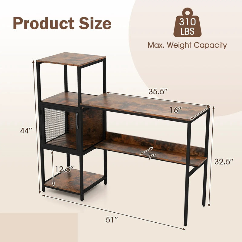 Computer Desk with Bookshelf Home Office Desk with Storage Cabinet and Shelves-Rustic Brown by DirectDeals