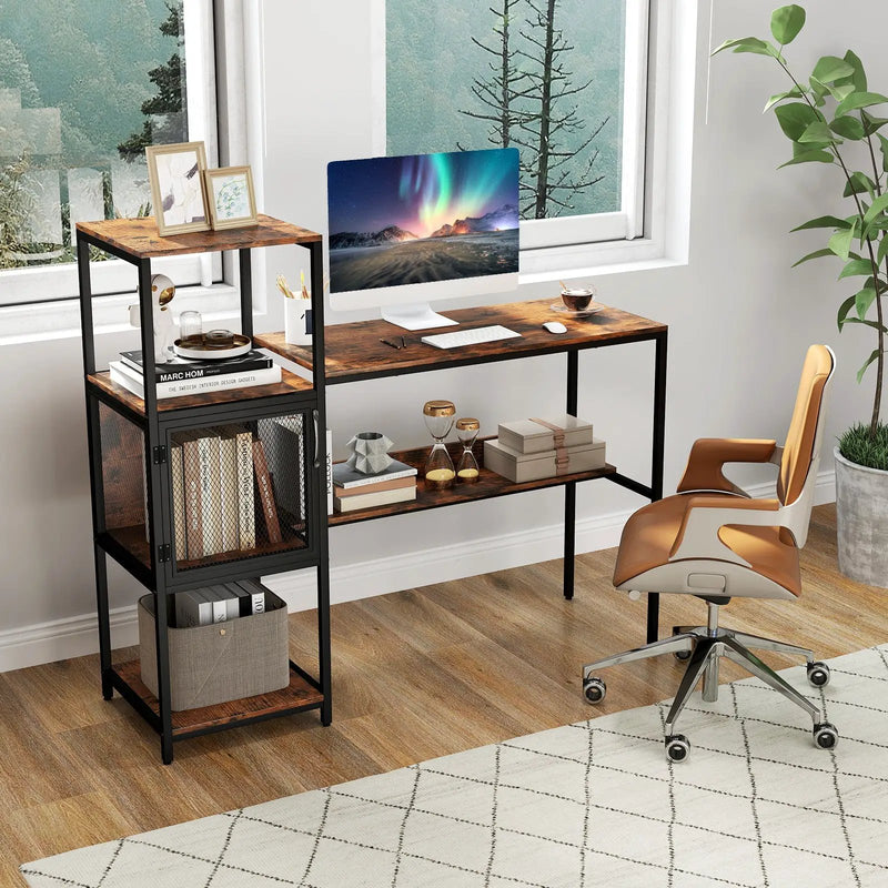 Computer Desk with Bookshelf Home Office Desk with Storage Cabinet and Shelves-Rustic Brown by DirectDeals