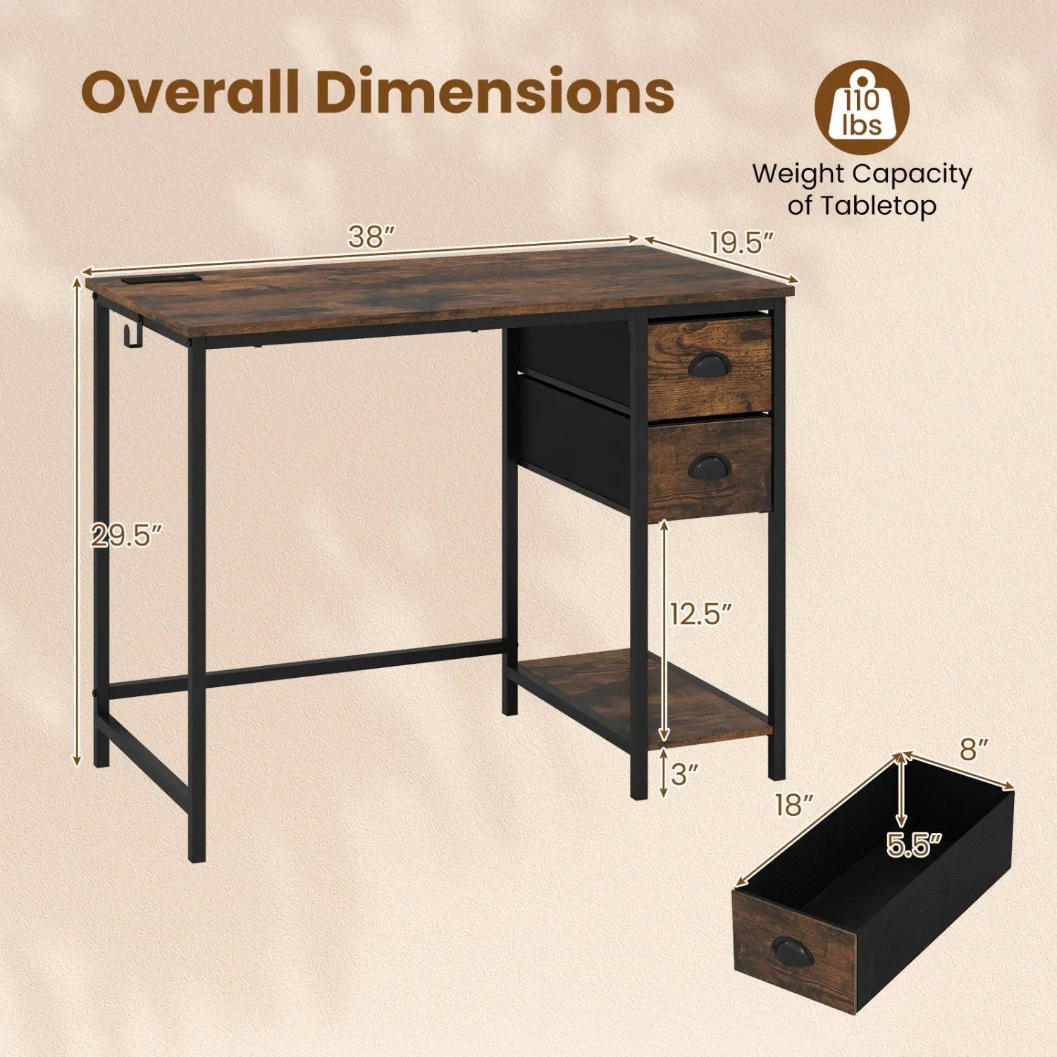 Computer Desk with Charging Station and 2 Fabric Drawers for Small Spaces by DirectDeals
