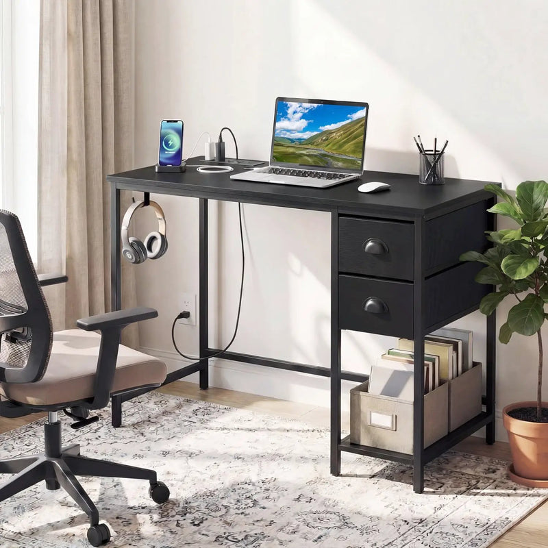 Computer Desk with Charging Station and 2 Fabric Drawers for Small Spaces by DirectDeals