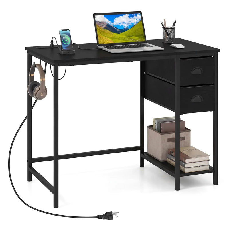 Computer Desk with Charging Station and 2 Fabric Drawers for Small Spaces by DirectDeals