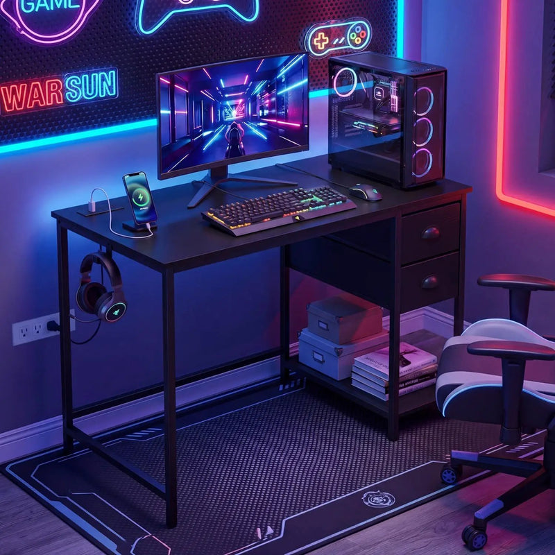 Computer Desk with Charging Station and 2 Fabric Drawers for Small Spaces by DirectDeals