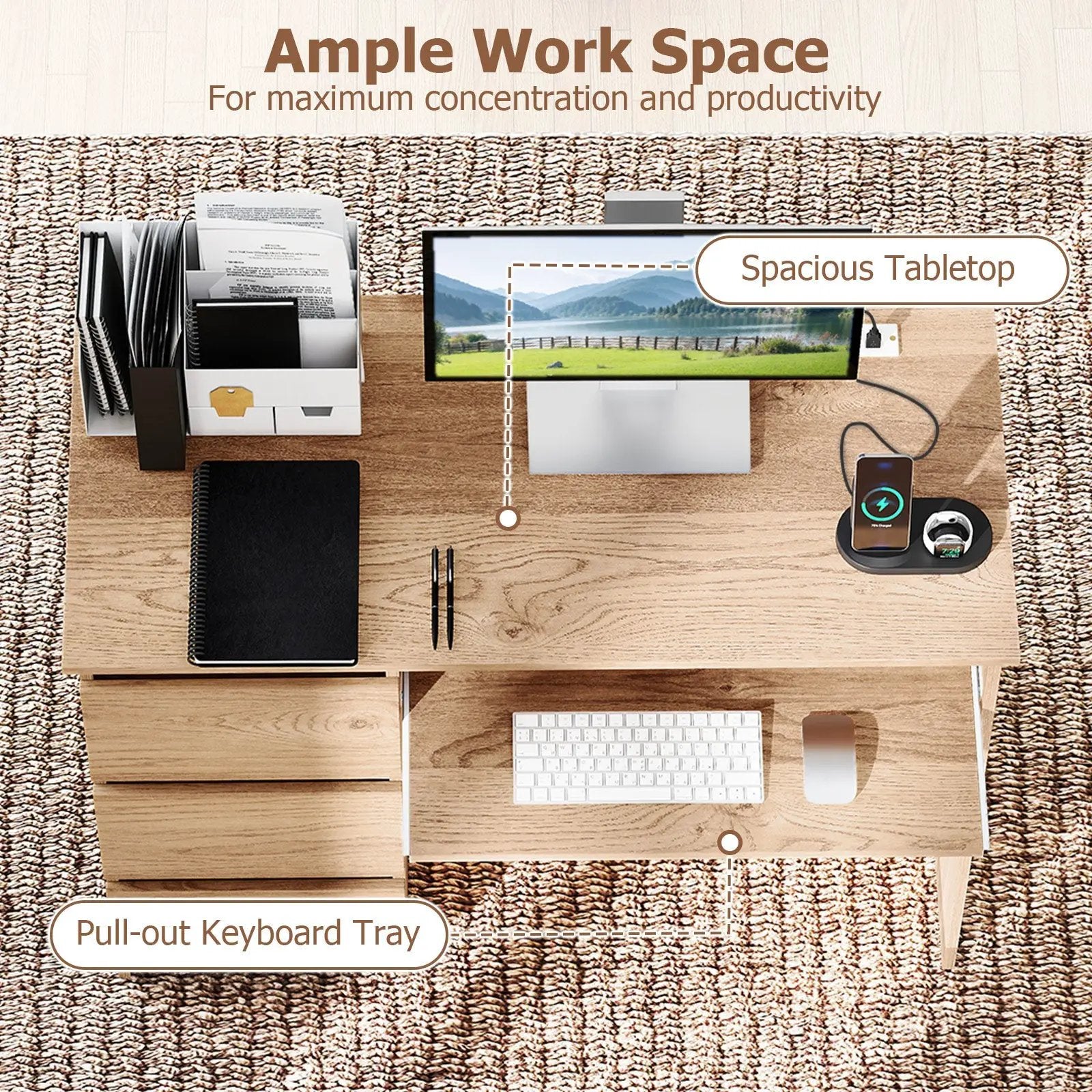 Computer Desk with Power Outlet Keyboard Tray and 3 Large Drawers by DirectDeals