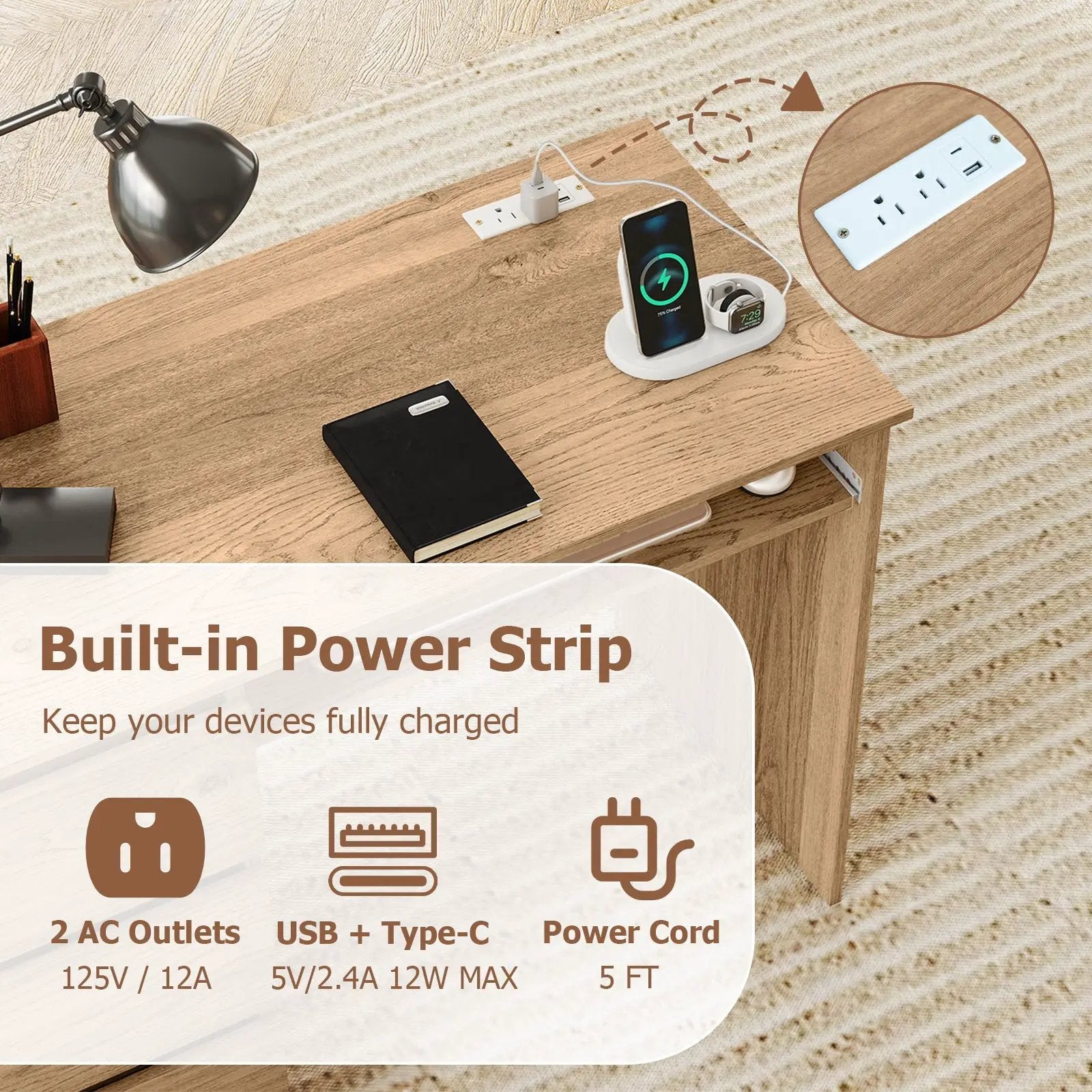 Computer Desk with Power Outlet Keyboard Tray and 3 Large Drawers by DirectDeals