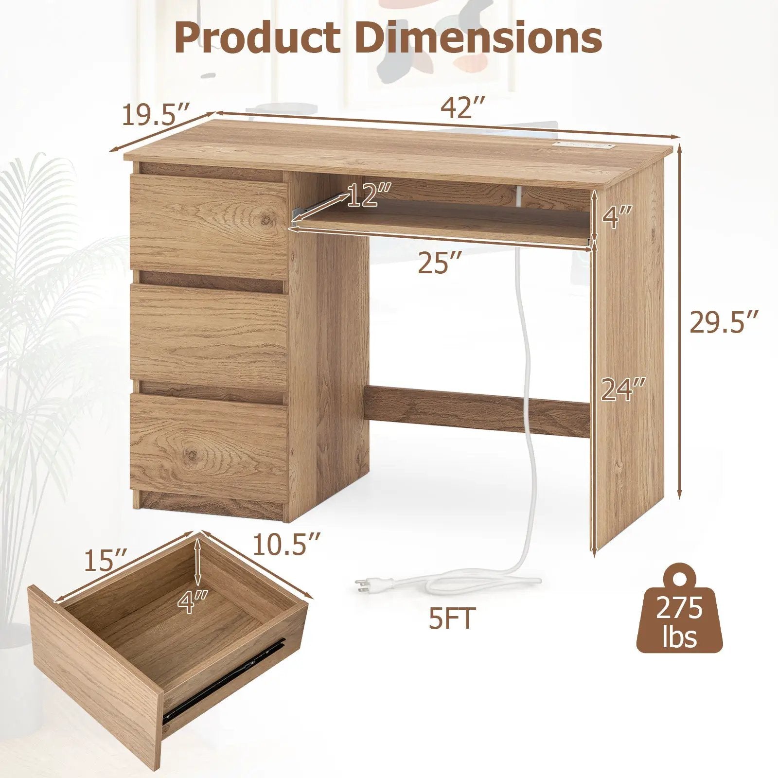 Computer Desk with Power Outlet Keyboard Tray and 3 Large Drawers by DirectDeals