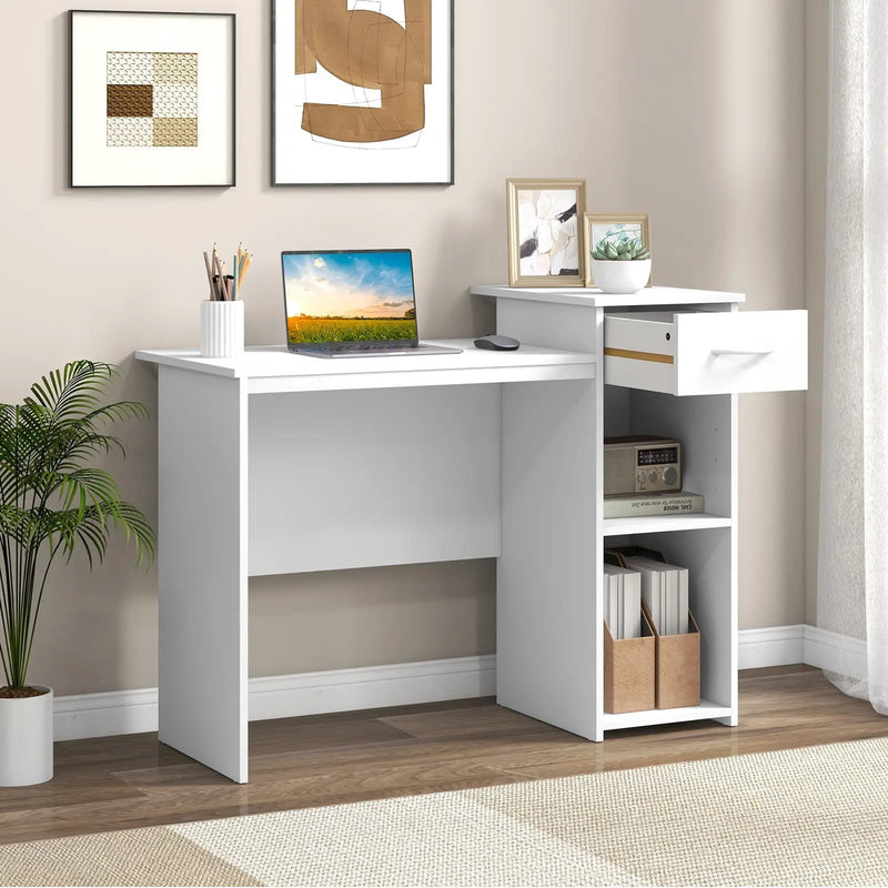 Computer Desk with Drawer Modern Laptop PC Desk with Adjustable Shelf and Cable Hole-White by DirectDeals