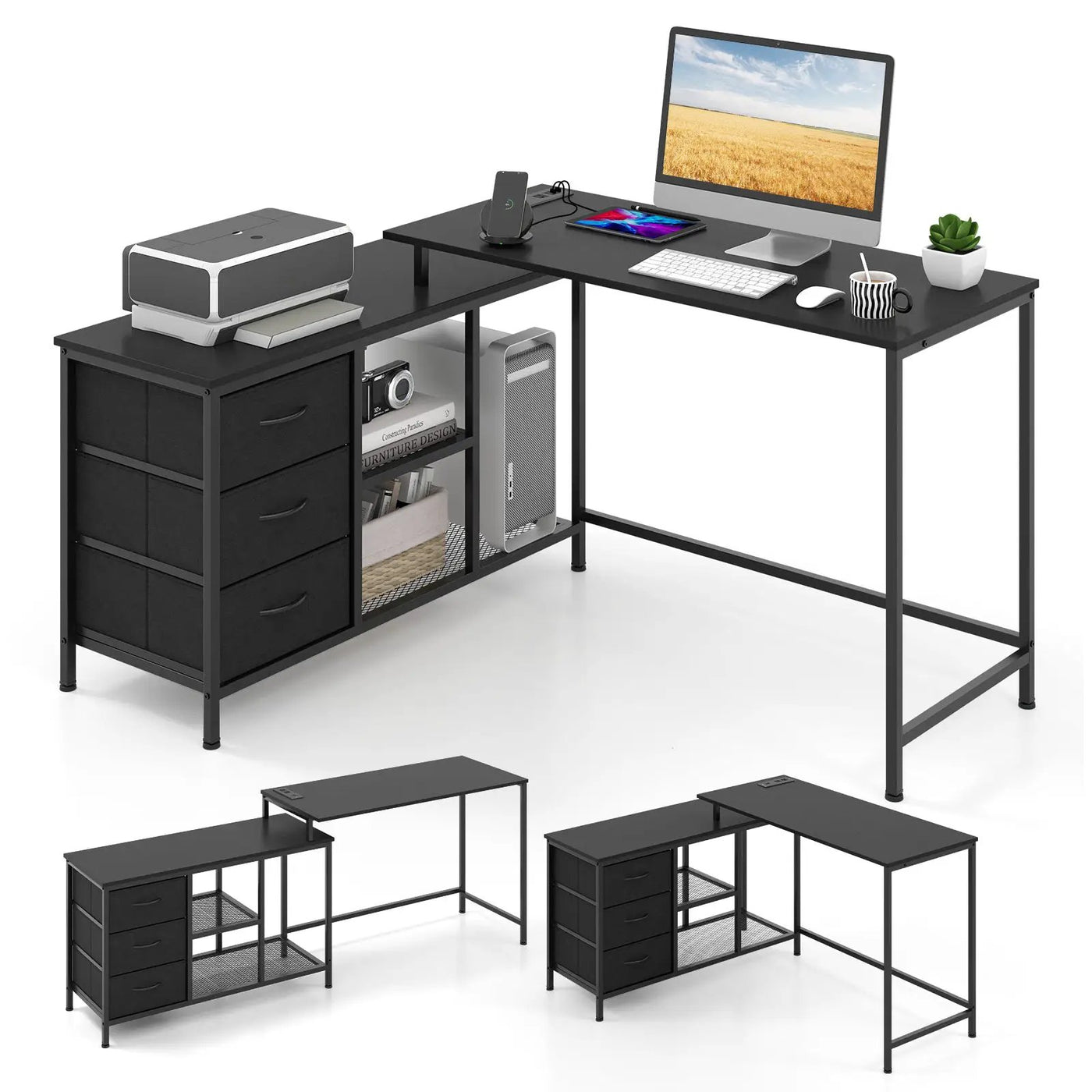 L-shaped Computer Desk with Power Outlet for Working Studying Gaming by DirectDeals