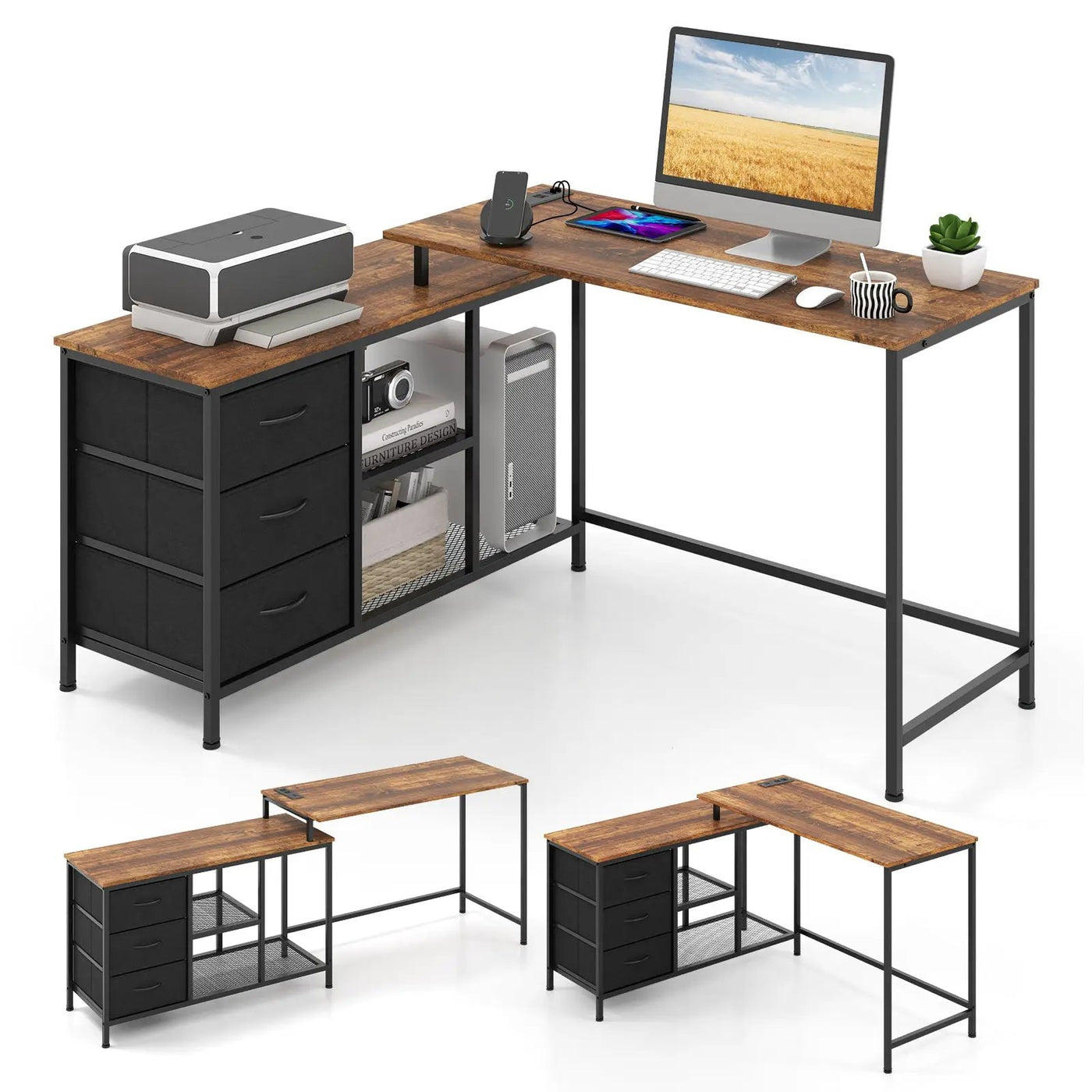 L-shaped Computer Desk with Power Outlet for Working Studying Gaming by DirectDeals