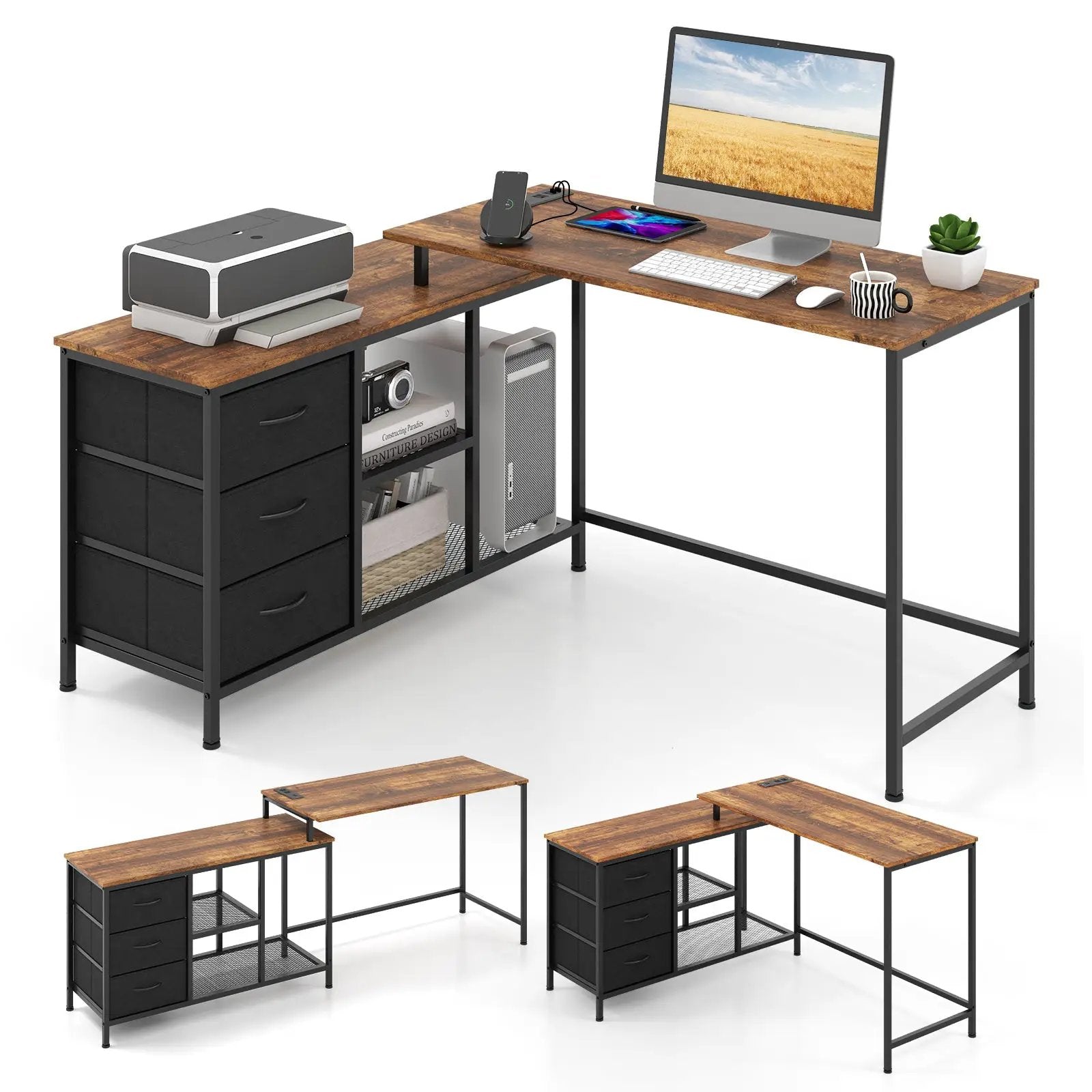 L-shaped Computer Desk with Power Outlet for Working Studying Gaming by DirectDeals