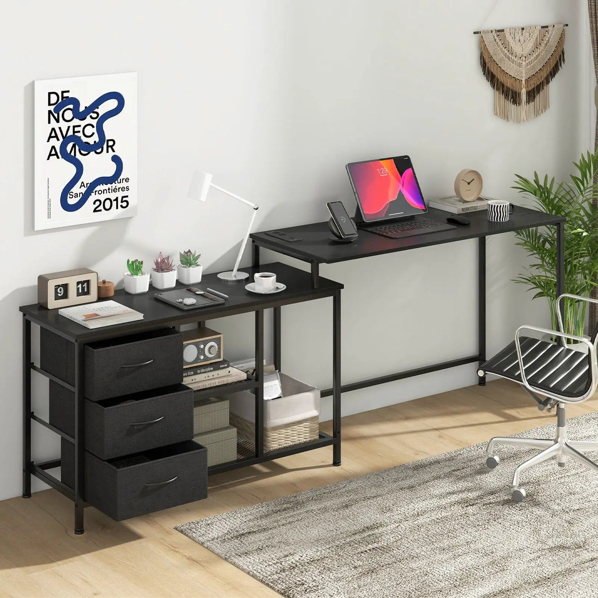 L-shaped Computer Desk with Power Outlet for Working Studying Gaming by DirectDeals