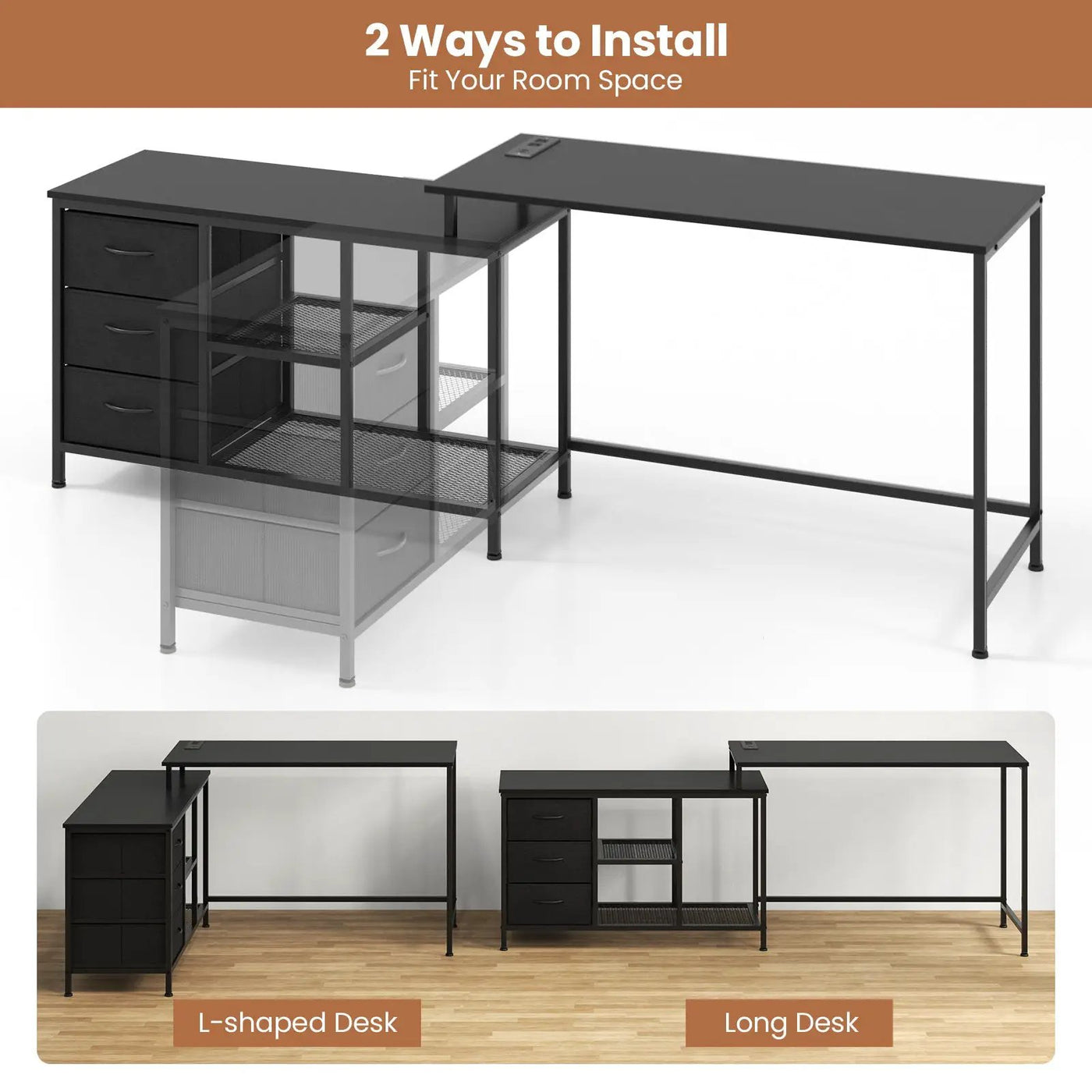 L-shaped Computer Desk with Power Outlet for Working Studying Gaming by DirectDeals