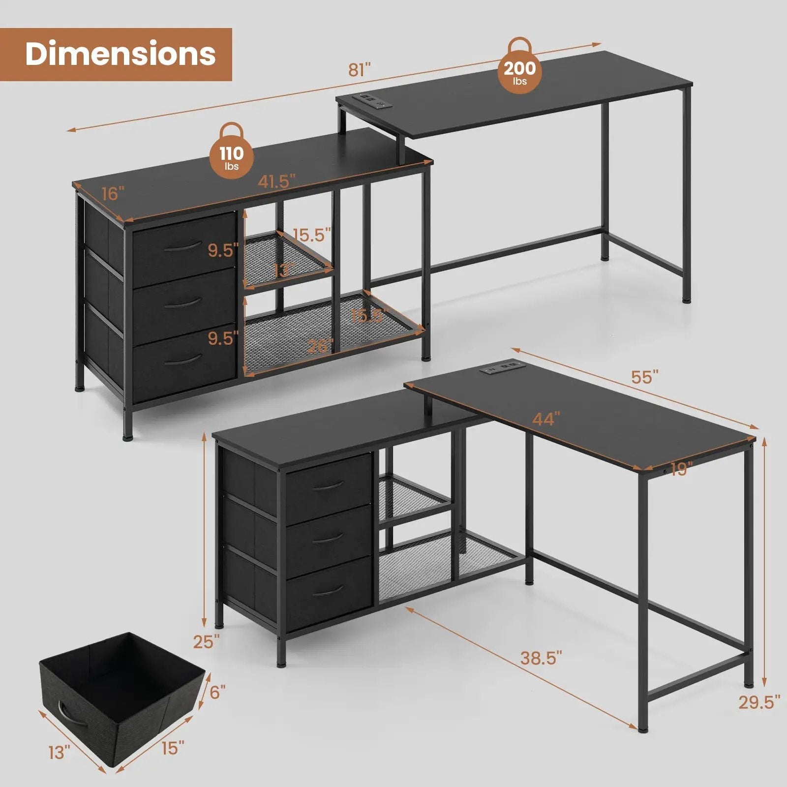 L-shaped Computer Desk with Power Outlet for Working Studying Gaming by DirectDeals