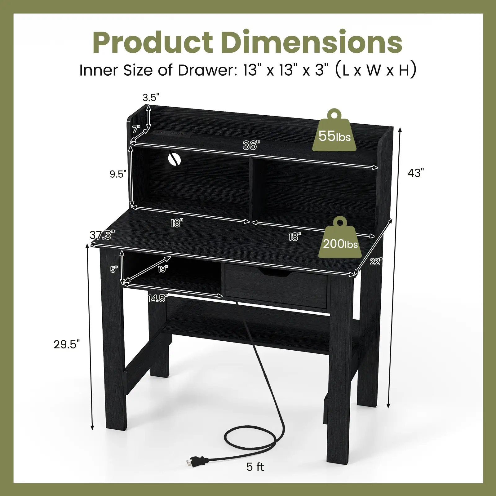 Computer Desk with Power Outlets USB Ports and Type-C-Black by DirectDeals