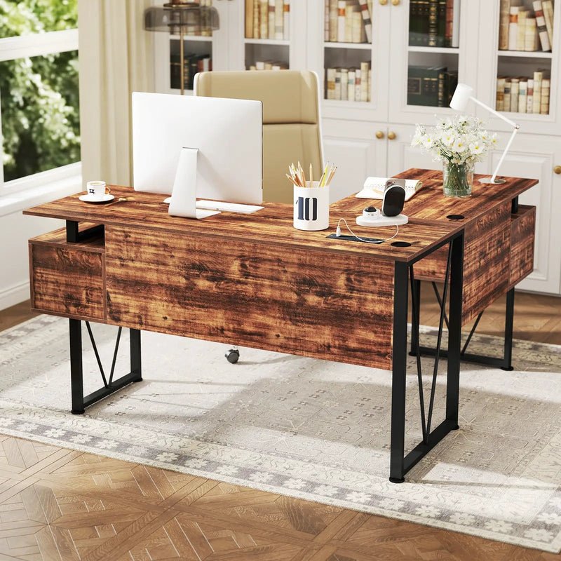 L-shaped Computer Desk with Power Outlets and 3 Storage Drawers-Rustic Brown by DirectDeals
