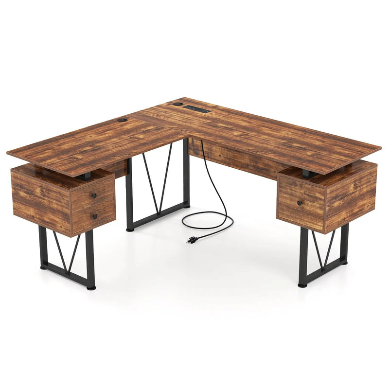 L-shaped Computer Desk with Power Outlets and 3 Storage Drawers-Rustic Brown by DirectDeals