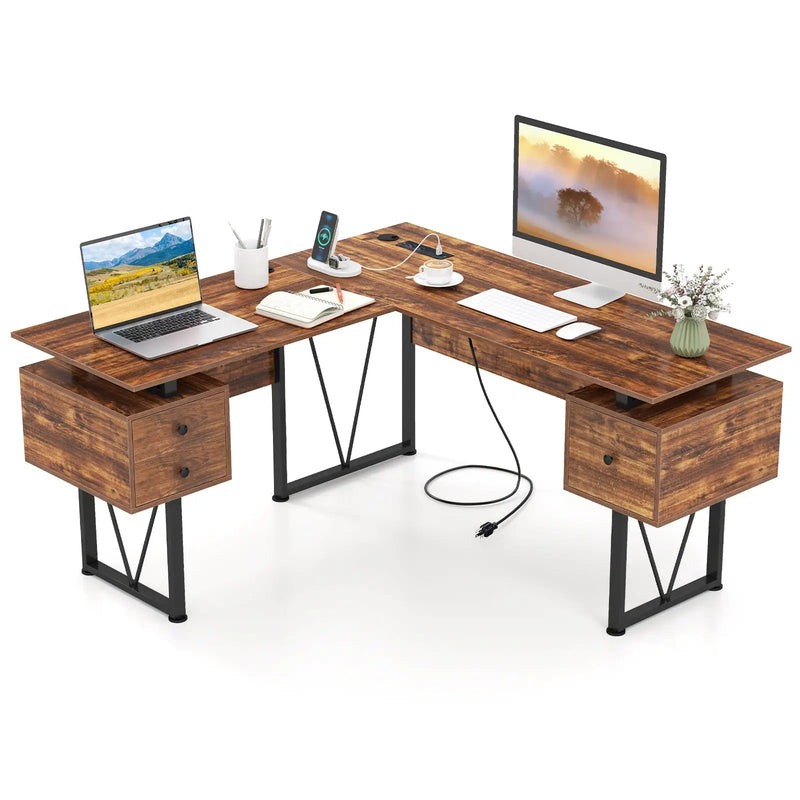 L-shaped Computer Desk with Power Outlets and 3 Storage Drawers-Rustic Brown by DirectDeals